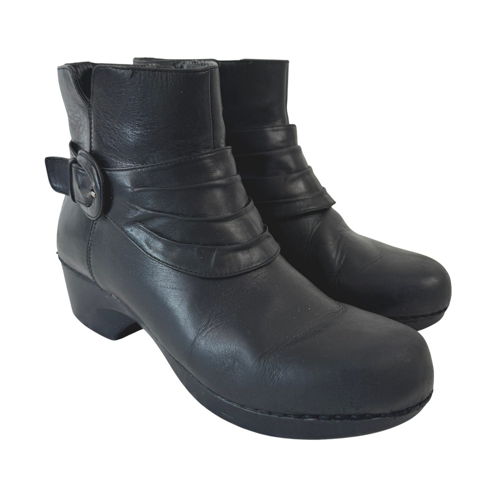 Dansko Black Leather Ruched Buckle Ankle Boots Clog Heel EU 42 US 11.5-12